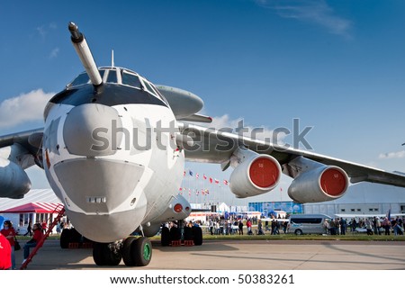 MOSCOW, RUSSIA - AUGUST 22: White civil cargo airplane at Moscow International airshow MAX 2009 on August 22, 2009 in Moscow, Russia.