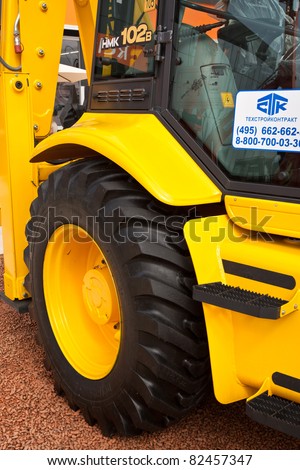 MOSCOW, RUSSIA - JUNE 02:  Yellow diesel excavator on display at Moscow International exhibition Construction equipment and technologies on JUNE 02, 2010 in Moscow, Russia.