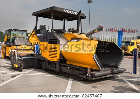 MOSCOW, RUSSIA - JUNE 02:  Yellow asphalt spreader on display at Moscow International exhibition Construction equipment and technologies on JUNE 02, 2010 in Moscow, Russia.