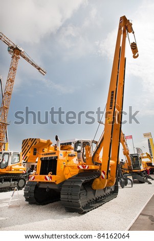 MOSCOW, RUSSIA - JUNE 02:  Yellow auto crane on display at Moscow International exhibition Construction equipment and technologies on JUNE 02, 2010 in Moscow, Russia.