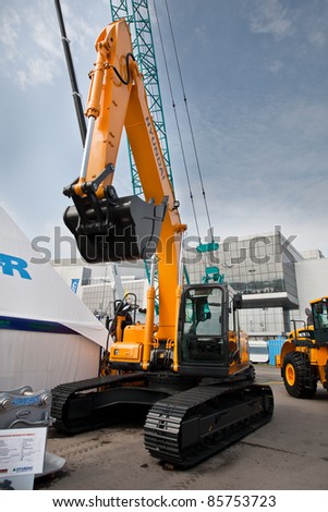 MOSCOW, RUSSIA - JUNE 02:  Yellow diesel excavator on display at Moscow International exhibition Construction equipment and technologies on June 02, 2010 in Moscow, Russia.
