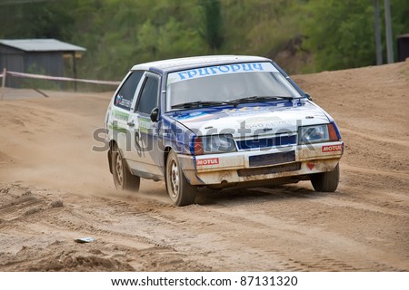 ROSTOV, RUSSIA - SEPTEMBER 05: Alexey Smirnov drives a  blue nad white Lada Zhiguly  car during Rostov Velikiy Russian rally championship on September 05, 2010 in Rostov, Russia.