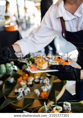 Similar – Image, Stock Photo Crop Asian waitress serving burger in cafe