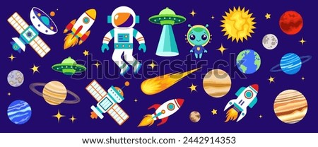 Space vector set. Cute cartoon illustration with astronaut, spaceship, planet, rocket, alien, satellite, ufo, comet, star