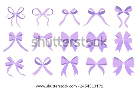 A set of purple bows with varying sizes and shapes. The bows are all different but share a similar color and design