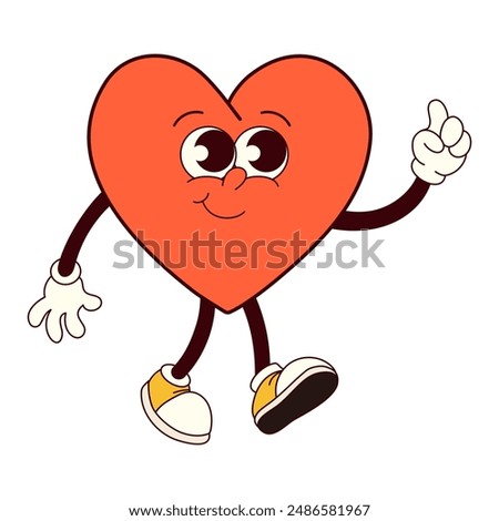 A cartoon heart is walking and pointing to the right. The heart is smiling and has a positive, happy vibe