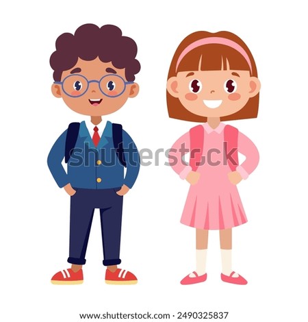 A boy and a girl are standing next to each other. The boy is wearing glasses and a blue jacket, while the girl is wearing a pink dress and a pink backpack. They both have smiles on their faces