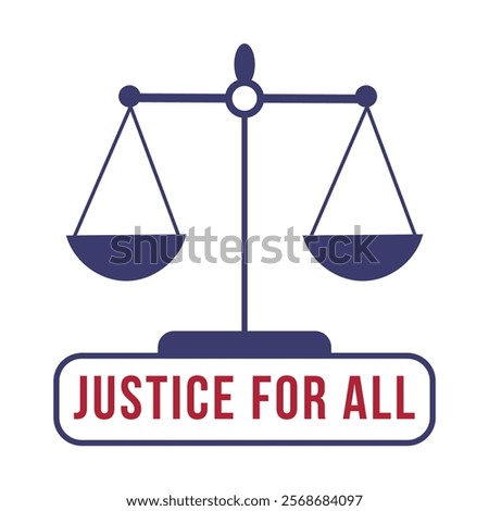 A blue and white scale with the words Justice for All written below it. The scale is a symbol of justice and fairness