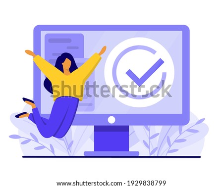 Happy jumping girl and computer with checkmark sign. Finished work or completed task concept. Flat style vector illustration.