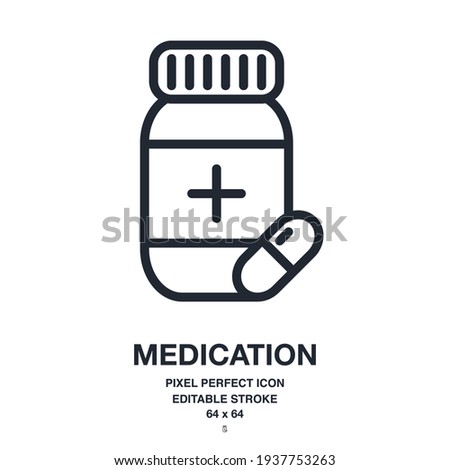 Medication and pill editable stroke outline icon isolated on white background vector illustration. Pixel perfect. 64 x 64.