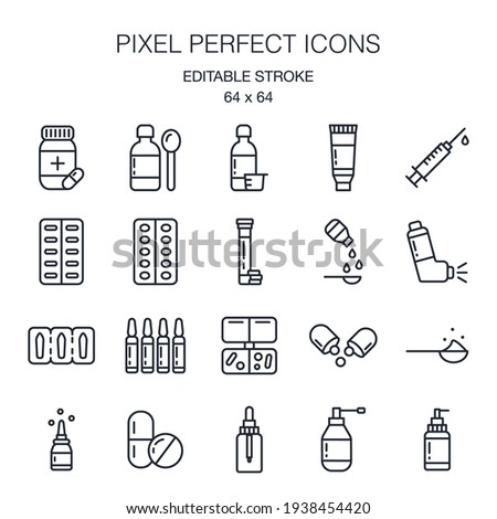 Pharmaceutical dosage forms editable stroke outline icon pack isolated on white background vector illustration. Pixel perfect. 64 x 64.