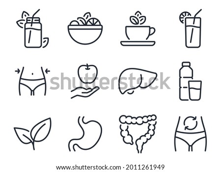 Detox and cleanse related editable stroke outline icons set isolated on white background flat vector illustration. Pixel perfect. 64 x 64.