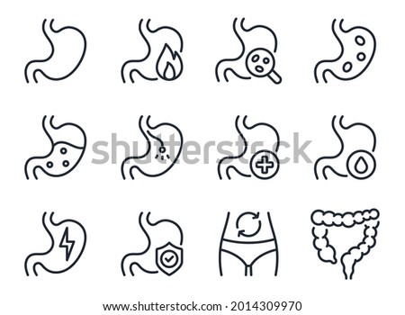 Stomach ache and pain related editable stroke outline icons set  isolated on white background flat vector illustration. Pixel perfect. 64 x 64.