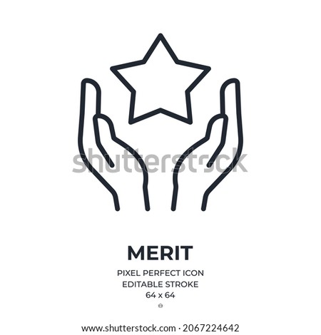 Human hands holding a star. Core values or merit concept editable stroke outline icon isolated on white background flat vector illustration. Pixel perfect. 64 x 64.