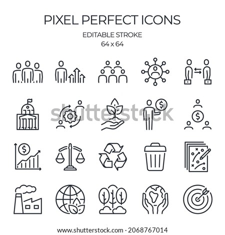 ESG related editable stroke outline icons set isolated on white background flat vector illustration. Pixel perfect. 64 x 64.