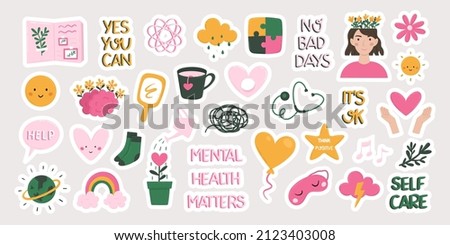 Mental health, mind therapy, self care and love, compassion and positive thinking concept collection of hand drawn flat stickers vector illustration.