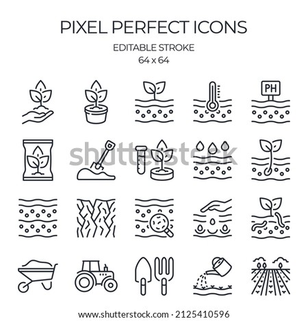 Soil and gardening related editable stroke outline icons set isolated on white background flat vector illustration. Pixel perfect. 64 x 64.