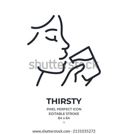 Woman drinking a glass of water. Thirsty concept editable stroke outline icon isolated on white background flat vector illustration. Pixel perfect. 64 x 64.