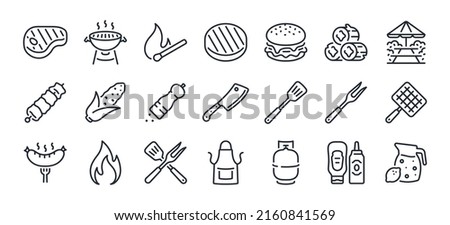 BBQ barbecue and grill related editable stroke outline icons set isolated on white background flat vector illustration. Pixel perfect. 64 x 64.	
