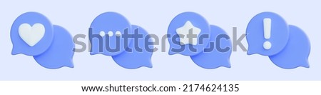 3D render speech bubbles collection with heart, star and exclamation mark. Online communication and chatting concept.