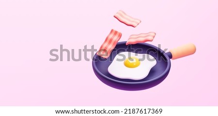 3D render fried egg in a cast iron skillet isolated on pink background vector illustration. Breakfast and home cooking concept.