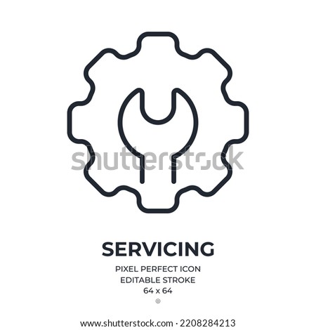 Wrench in a cogwheel editable stroke outline icon isolated on white background flat vector illustration. Pixel perfect. 64 x 64.