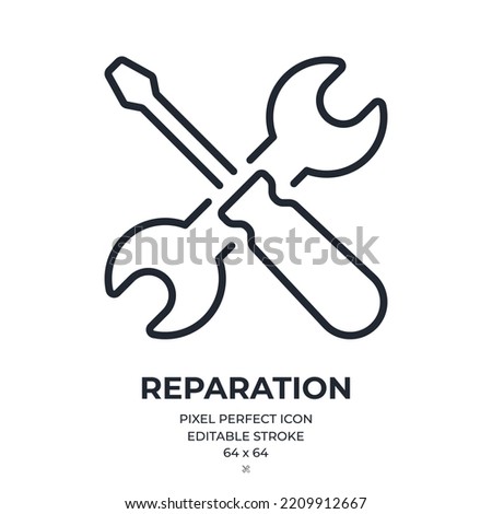 Screwdriver and wrench repair concept editable stroke outline icon isolated on white background flat vector illustration. Pixel perfect. 64 x 64.