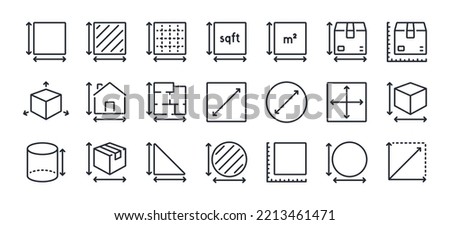 Dimension, area and perimeter measure concept editable stroke outline icons set isolated on white background flat vector illustration. Pixel perfect. 64 x 64.