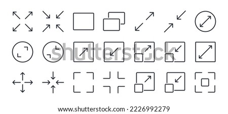 Maximize and minimize screen buttons editable stroke outline icons set isolated on white background flat vector illustration. Pixel perfect. 64 x 64.