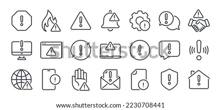 Exclamation mark, alert, warning and error concept editable stroke outline icons set isolated on white background flat vector illustration. Pixel perfect. 64 x 64.