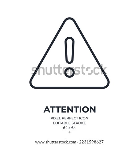 Attention, danger, alert, warning concept. Exclamation mark triangle editable stroke outline icon isolated on white background flat vector illustration. Pixel perfect. 64 x 64. 