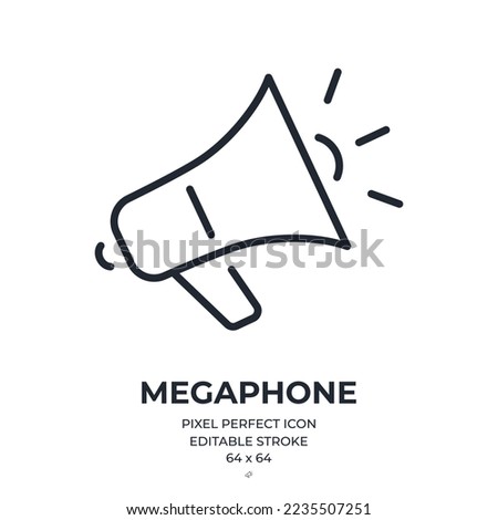 Megaphone and marketing concept editable stroke outline icon isolated on white background flat vector illustration. Pixel perfect. 64 x 64.