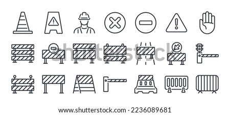 Road block and pedestrian barrier editable stroke thin linear outline icons set isolated on white background flat vector illustration. Pixel perfect. 64 x 64.