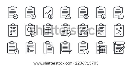 Clipboard, checklist, report, survey or agreement editable stroke outline icons set isolated on white background flat vector illustration. Pixel perfect. 64 x 64.