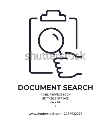 Document search editable stroke outline icon isolated on white background flat vector illustration. Pixel perfect. 64 x 64.
