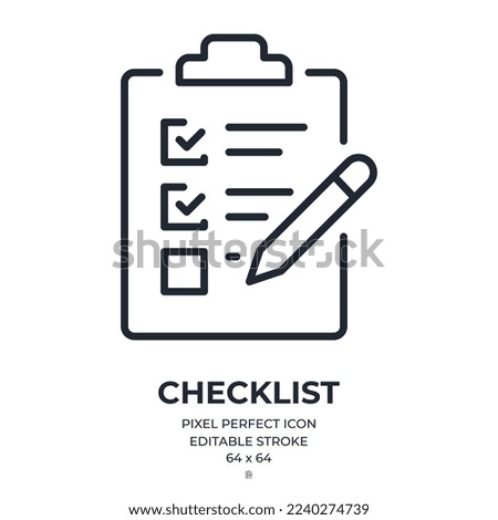 Checklist, survey or report editable stroke outline icon isolated on white background flat vector illustration. Pixel perfect. 64 x 64.