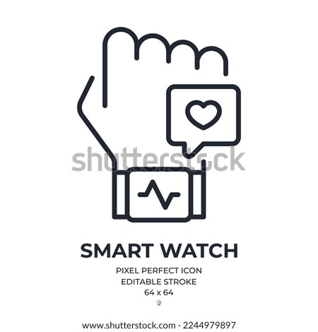 Fitness tracker smart watch and telemedicine concept editable stroke outline icon isolated on white background flat vector illustration. Pixel perfect. 64 x 64.