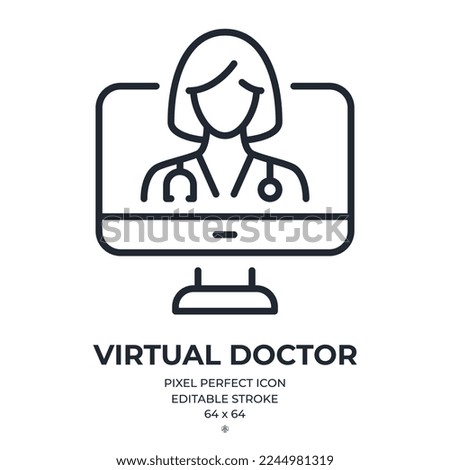 Virtual doctor and telemedicine concept editable stroke outline icon isolated on white background flat vector illustration. Pixel perfect. 64 x 64.