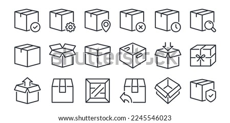 Package, parcel, box, delivery, distribution, import, export and return editable stroke outline flat icons set isolated on white background flat vector illustration. Pixel perfect. 64 x 64.