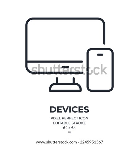 Electronic devices, cross platform, multimedia, responsive design and technology concept editable stroke outline icon isolated on white background flat vector illustration. Pixel perfect. 64 x 64.