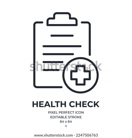 Clipboard with cross sign and health checkup concept editable stroke outline icon isolated on white background flat vector illustration. Pixel perfect. 64 x 64.