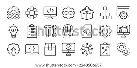 DevOps methodology and software development concept editable stroke outline icons set isolated on white background flat vector illustration. Pixel perfect. 64 x 64. Foto stock © 