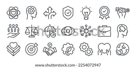 Business ethics and core values editable stroke outline icons set  isolated on white background flat vector illustration. Pixel perfect. 64 x 64.