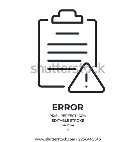 Attention, alert, error, and mistake concept. Clipboard and exclamation mark sign editable stroke outline icon isolated on white background flat vector illustration. Pixel perfect. 64 x 64.