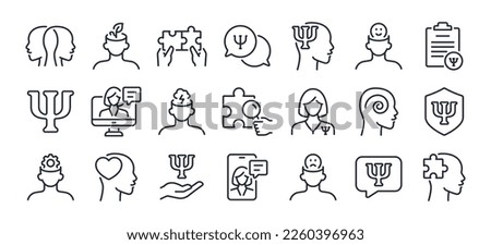 Psychology, emotions, and mental health related editable stroke outline icons set isolated on white background flat vector illustration. Pixel perfect. 64 x 64.