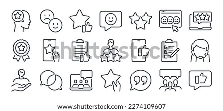 Customer feedback and satisfaction editable stroke outline icons set isolated on white background flat vector illustration. Pixel perfect. 64 x 64.