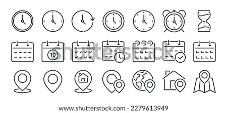 Time, date and address concept editable stroke outline icons set isolated on white background flat vector illustration. Pixel perfect. 64 x 64. Imagine de stoc © 