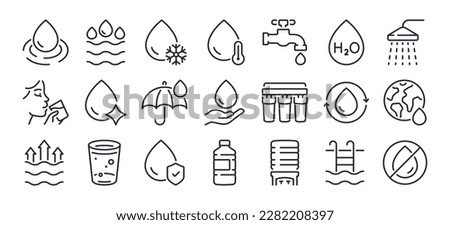 Water concept editable stroke outline icons set isolated on white background flat vector illustration. Pixel perfect. 64 x 64.