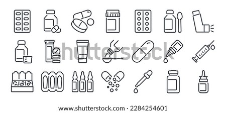 Pharmaceutical dosage forms editable stroke outline icon isolated on white background flat vector illustration. Pixel perfect. 64 x 64.