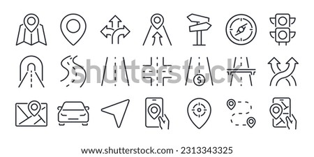 Navigation and roads related editable stroke outline icons set isolated on white background flat vector illustration. Pixel perfect. 64 x 64.